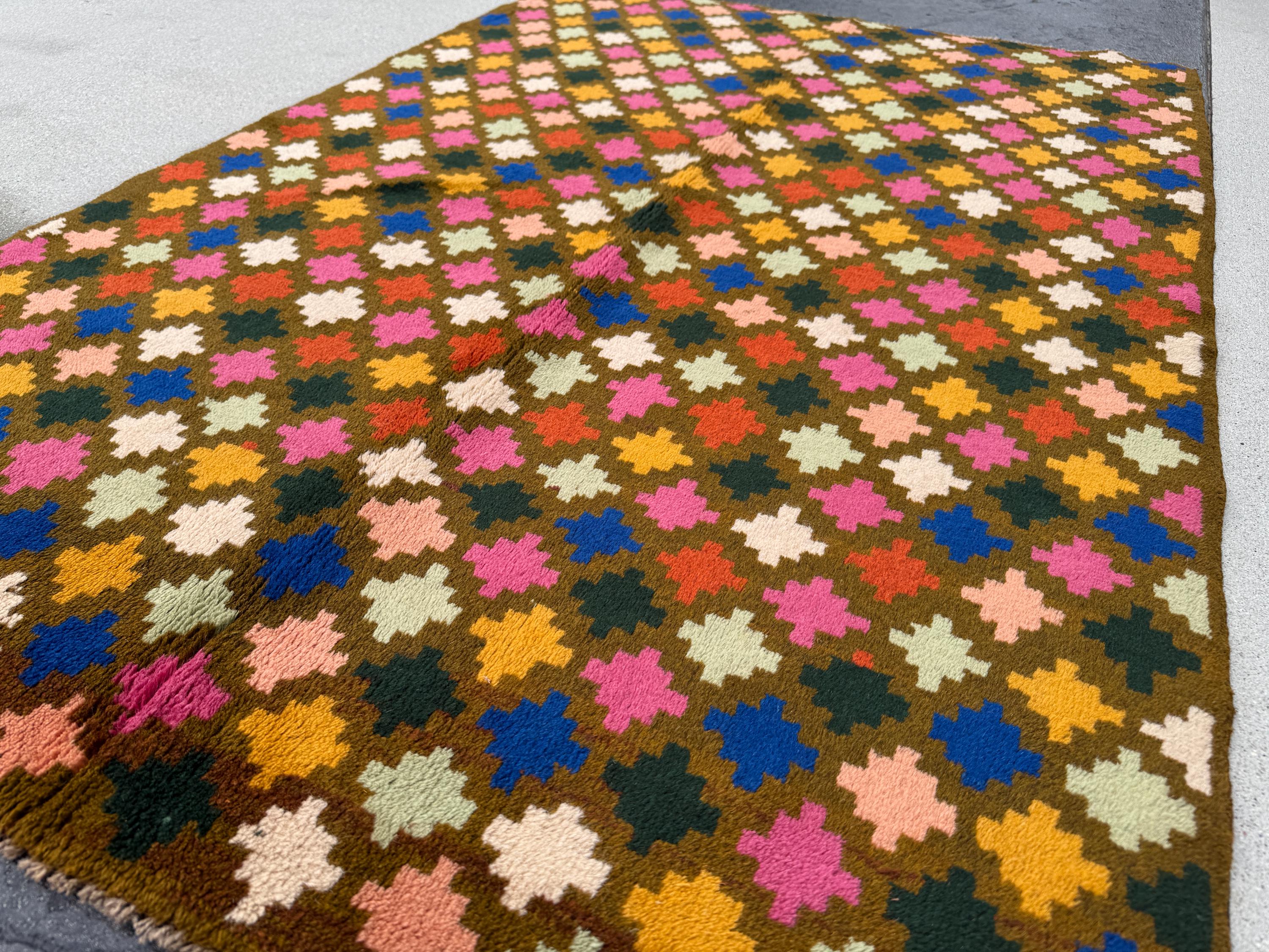 4x6 Handmade Vintage Afghan Baluch Rug | Olive Pine Green Mustard Yellow Rust Red Cream Peach Rose Pink Navy Blue Burnt Orange | Wool