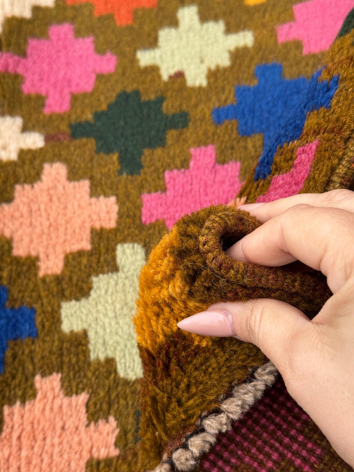 4x6 Handmade Vintage Afghan Baluch Rug | Olive Pine Green Mustard Yellow Rust Red Cream Peach Rose Pink Navy Blue Burnt Orange | Wool