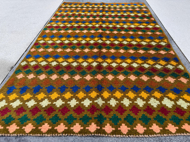 4x6 Handmade Vintage Afghan Baluch Rug | Copper Brown Mustard Yellow Rust Red Cream Peach Forest Mint Green Navy Blue Burnt Orange | Wool