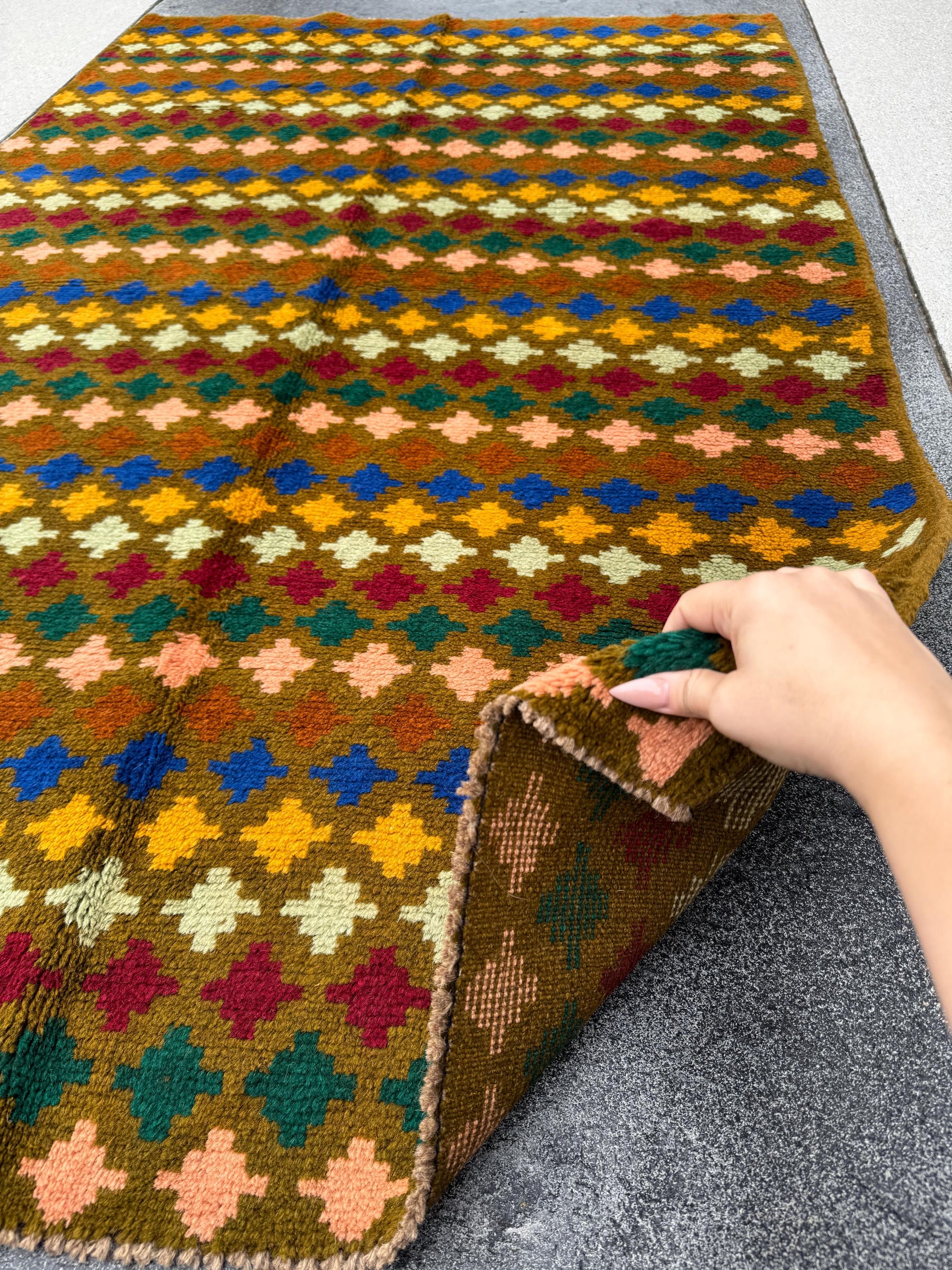 4x6 Handmade Vintage Afghan Baluch Rug | Copper Brown Mustard Yellow Rust Red Cream Peach Forest Mint Green Navy Blue Burnt Orange | Wool