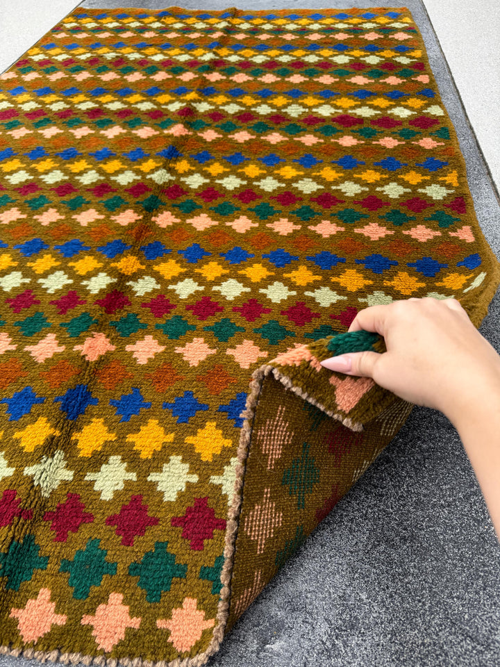 4x6 Handmade Vintage Afghan Baluch Rug | Copper Brown Mustard Yellow Rust Red Cream Peach Forest Mint Green Navy Blue Burnt Orange | Wool