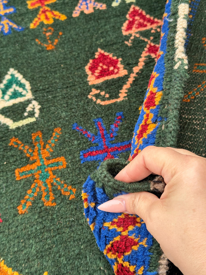 4x6 Handmade Vintage Afghan Baluch Rug | Olive Mint Green Mustard Yellow Rust Red Cream White Teal Navy Blue Navy Purple Orange Peach | Wool