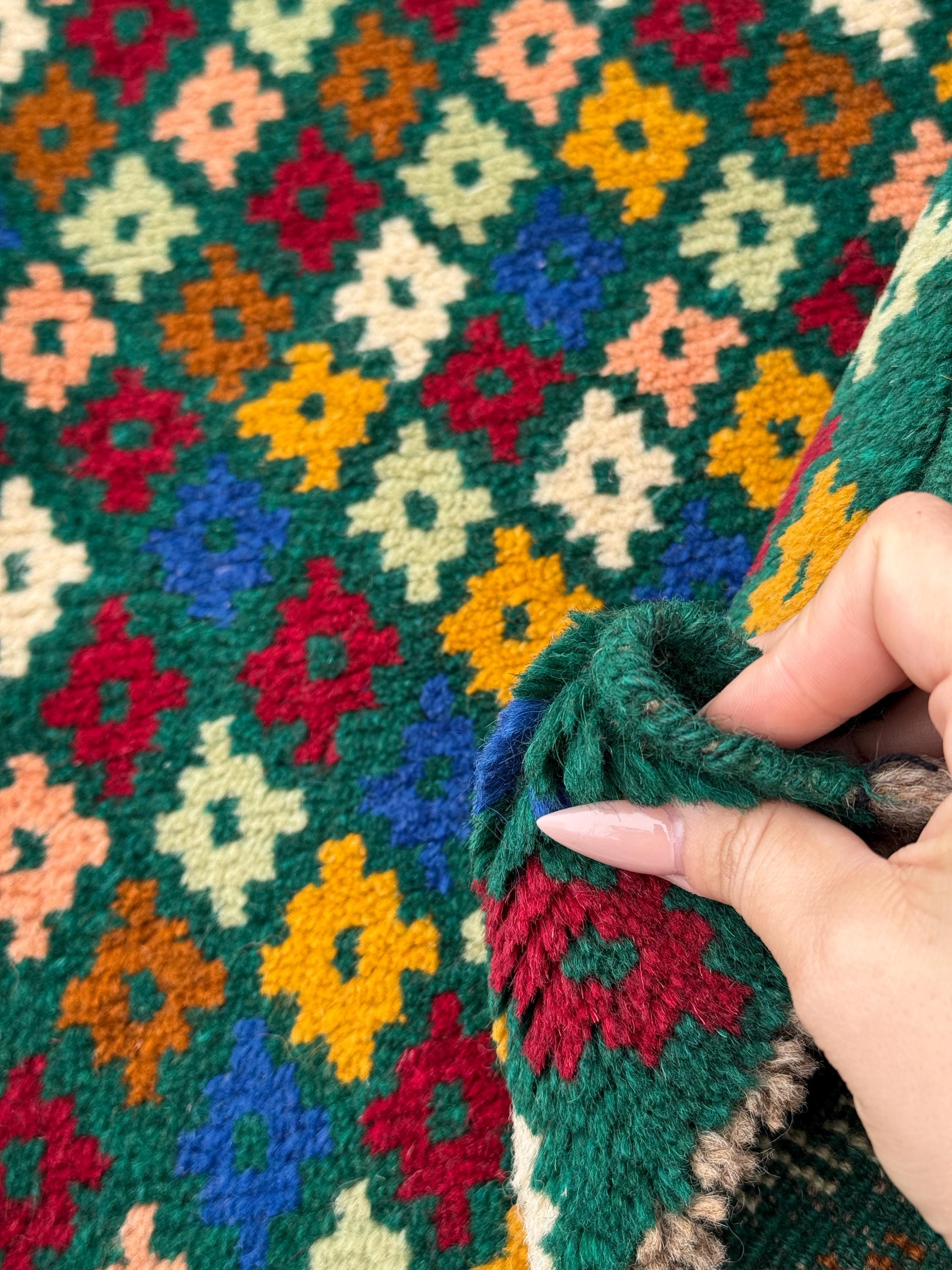 4x6 Handmade Vintage Afghan Baluch Rug | Forest Mint Green Mustard Yellow Rust Red Burnt Orange Cream White Olive Blue Navy Pink Copper