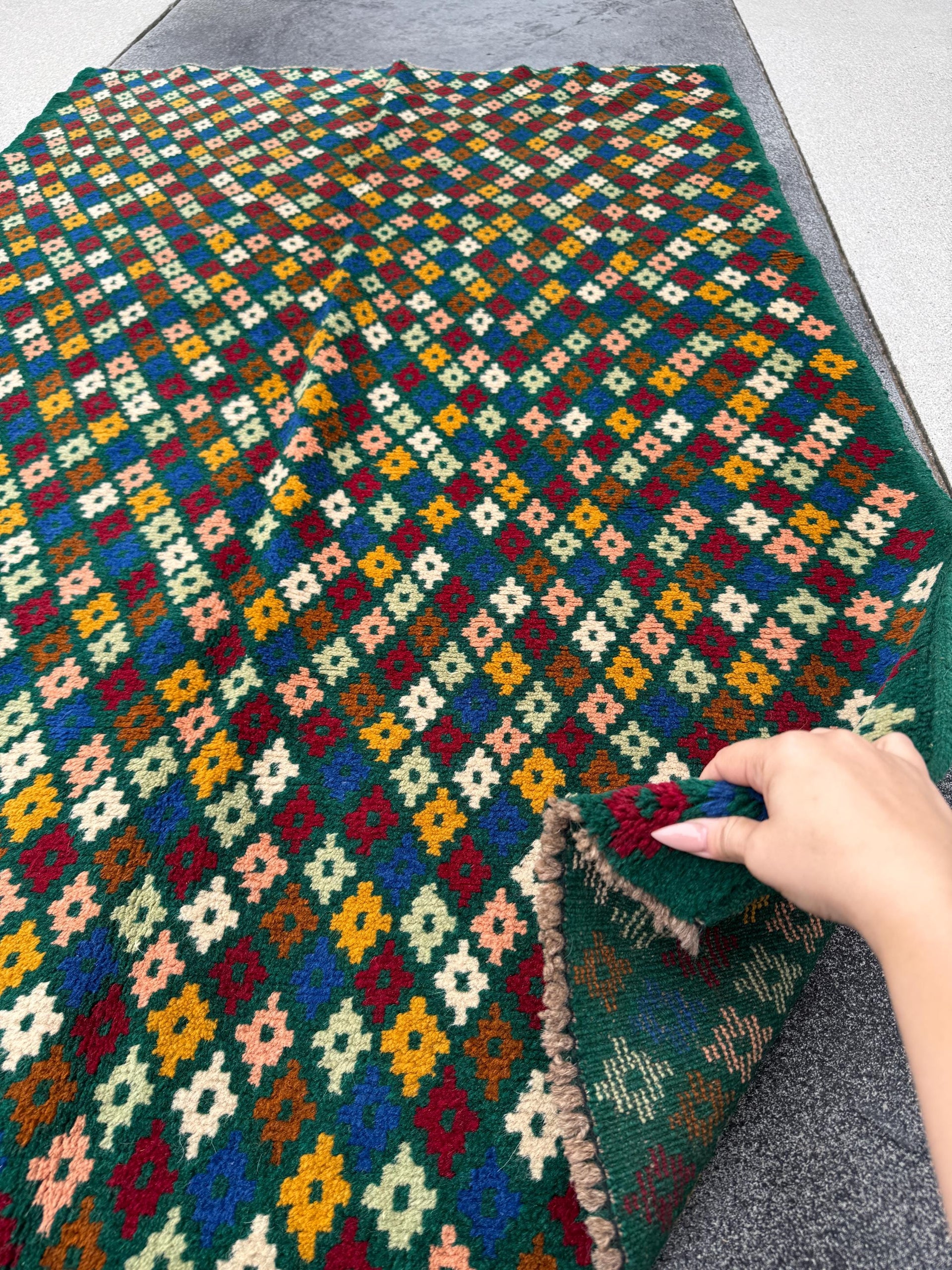 4x6 Handmade Vintage Afghan Baluch Rug | Forest Mint Green Mustard Yellow Rust Red Burnt Orange Cream White Olive Blue Navy Pink Copper