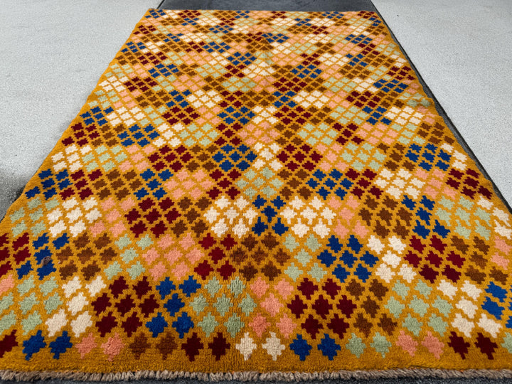 4x6 Handmade Vintage Afghan Baluch Rug | Mustard Yellow Copper Brown Cream Peach Rust Red Olive Mint Green Teal Navy Blue | Wool Flatwoven