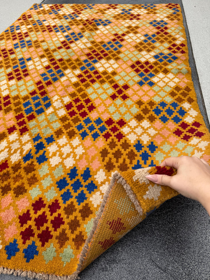 4x6 Handmade Vintage Afghan Baluch Rug | Mustard Yellow Copper Brown Cream Peach Rust Red Olive Mint Green Teal Navy Blue | Wool Flatwoven