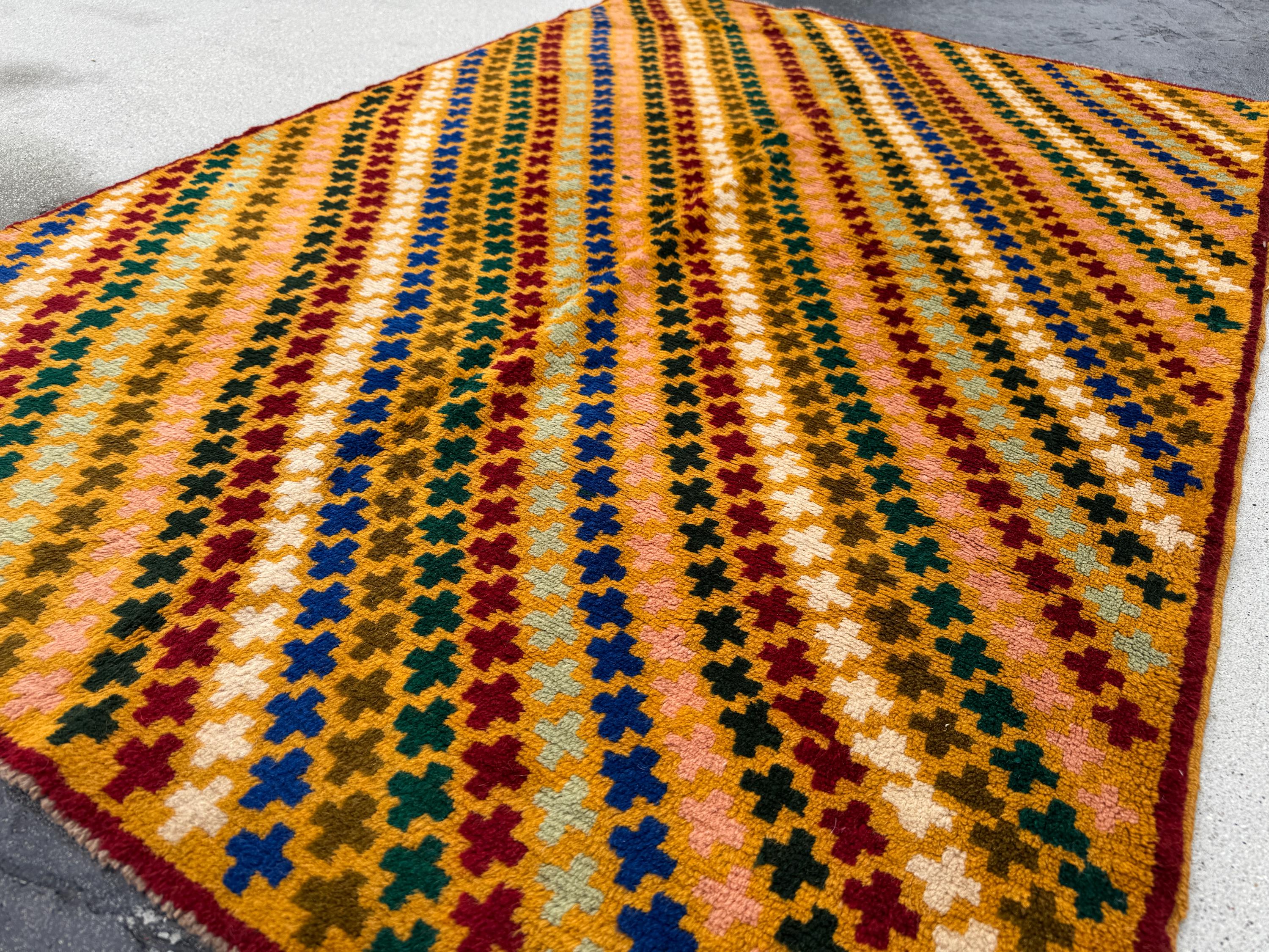 4x6 Handmade Vintage Afghan Baluch Rug | Mustard Yellow Copper Brown Cream Peach Rust Red Forest Olive Mint Green Navy Blue | Wool Flatwoven