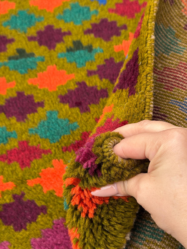 4x6 Handmade Vintage Afghan Baluch Rug | Olive Forest Pine Green Burnt Orange Grape Purple Rust Red Royal Blue Maroon | Wool Flatwoven