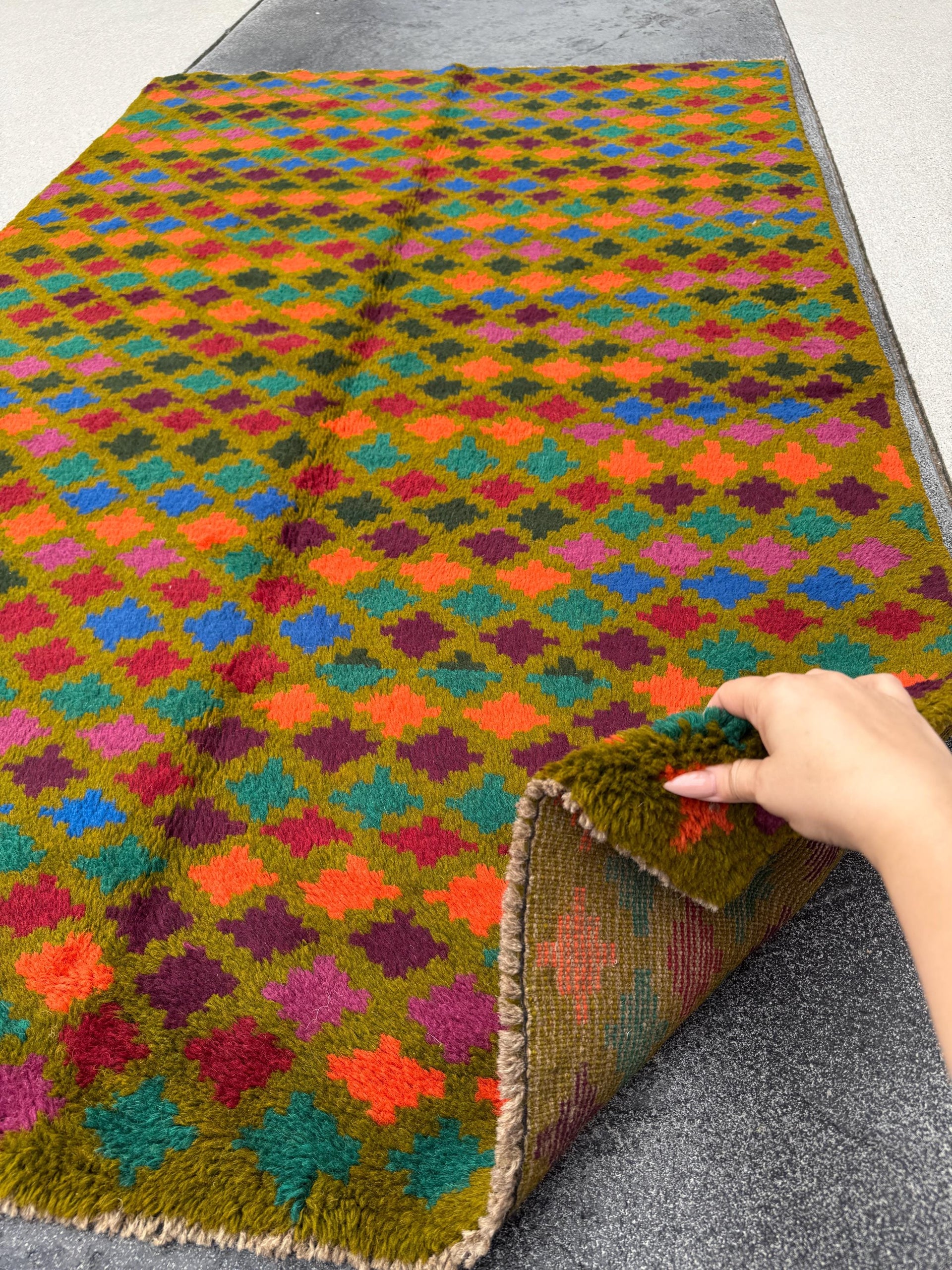 4x6 Handmade Vintage Afghan Baluch Rug | Olive Forest Pine Green Burnt Orange Grape Purple Rust Red Royal Blue Maroon | Wool Flatwoven