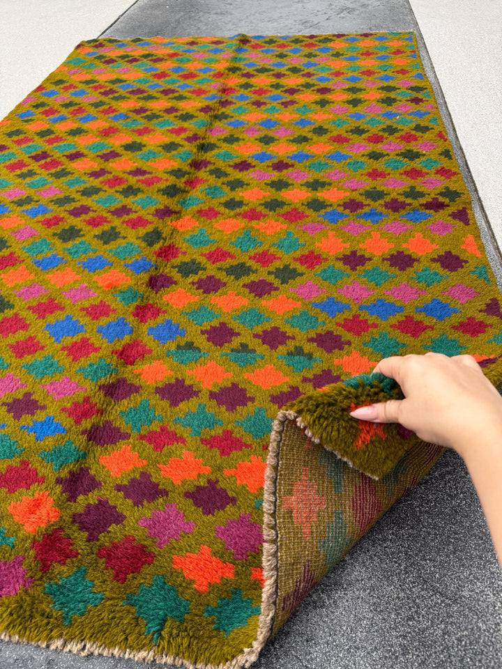 4x6 Handmade Vintage Afghan Baluch Rug | Olive Forest Pine Green Burnt Orange Grape Purple Rust Red Royal Blue Maroon | Wool Flatwoven