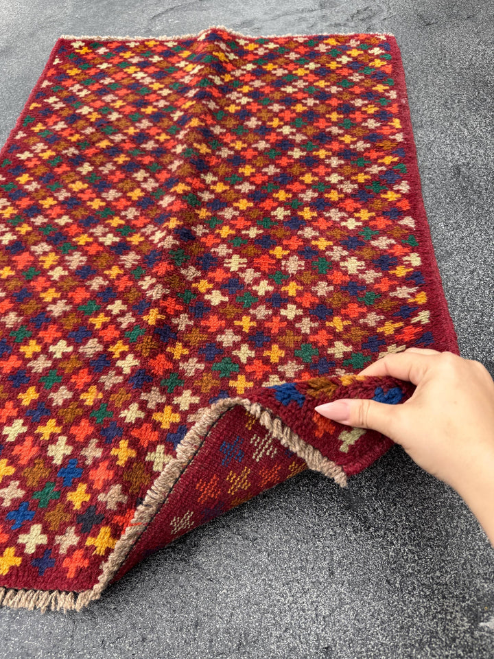 3x4 Handmade Vintage Afghan Baluch Rug | Rust Red Forest Green Mustard Yellow Royal Navy Blue Chocolate Tan Cream Brown Black Burnt Orange