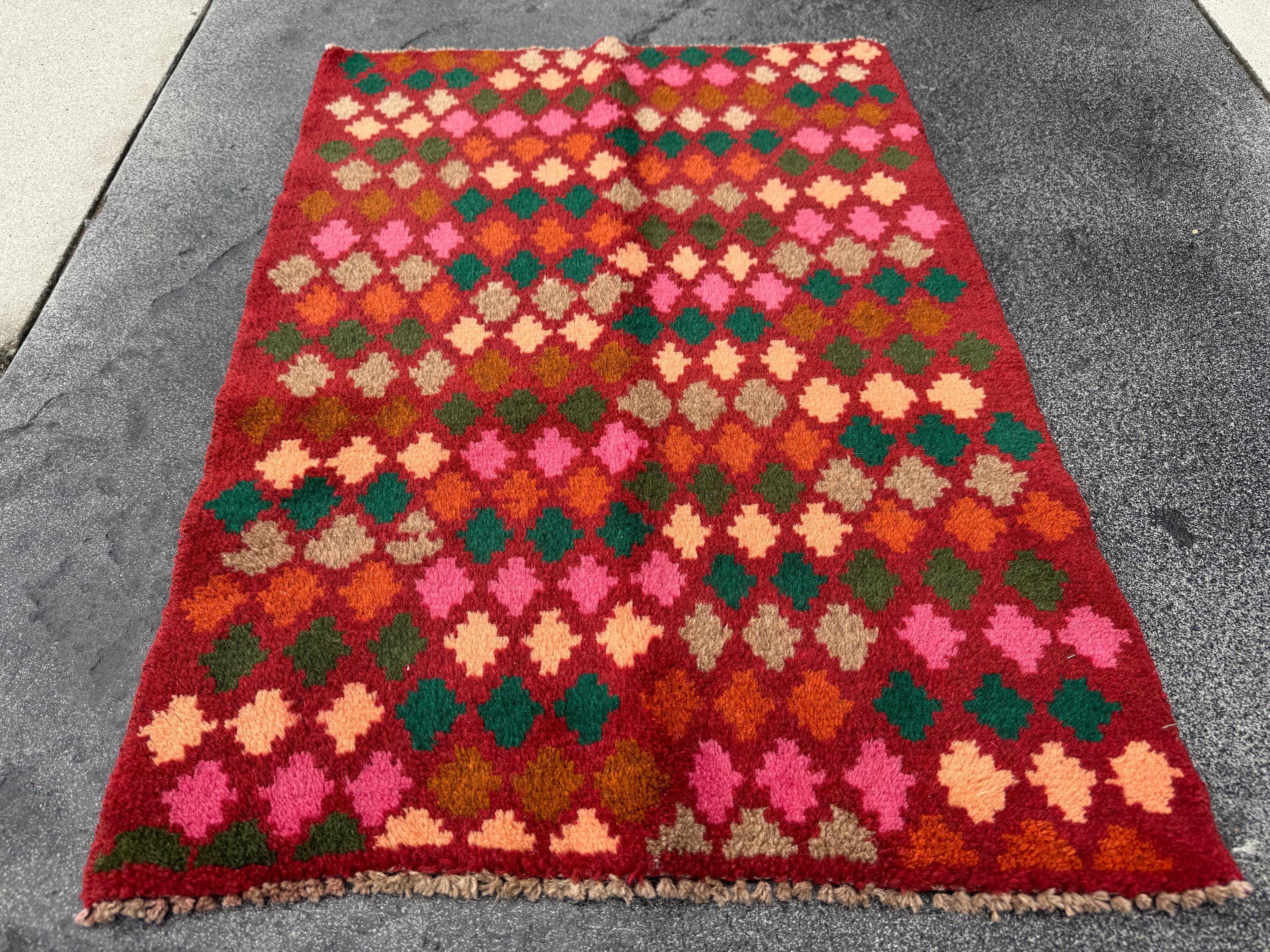 2x3 Handmade Vintage Afghan Baluch Rug | Rust Red Burnt Orange Pine Moss Green Peach Rose Pink Grey Copper Brown | Wool Geometric