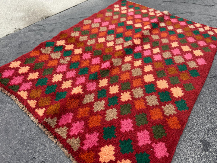 2x3 Handmade Vintage Afghan Baluch Rug | Rust Red Burnt Orange Pine Moss Green Peach Rose Pink Grey Copper Brown | Wool Geometric