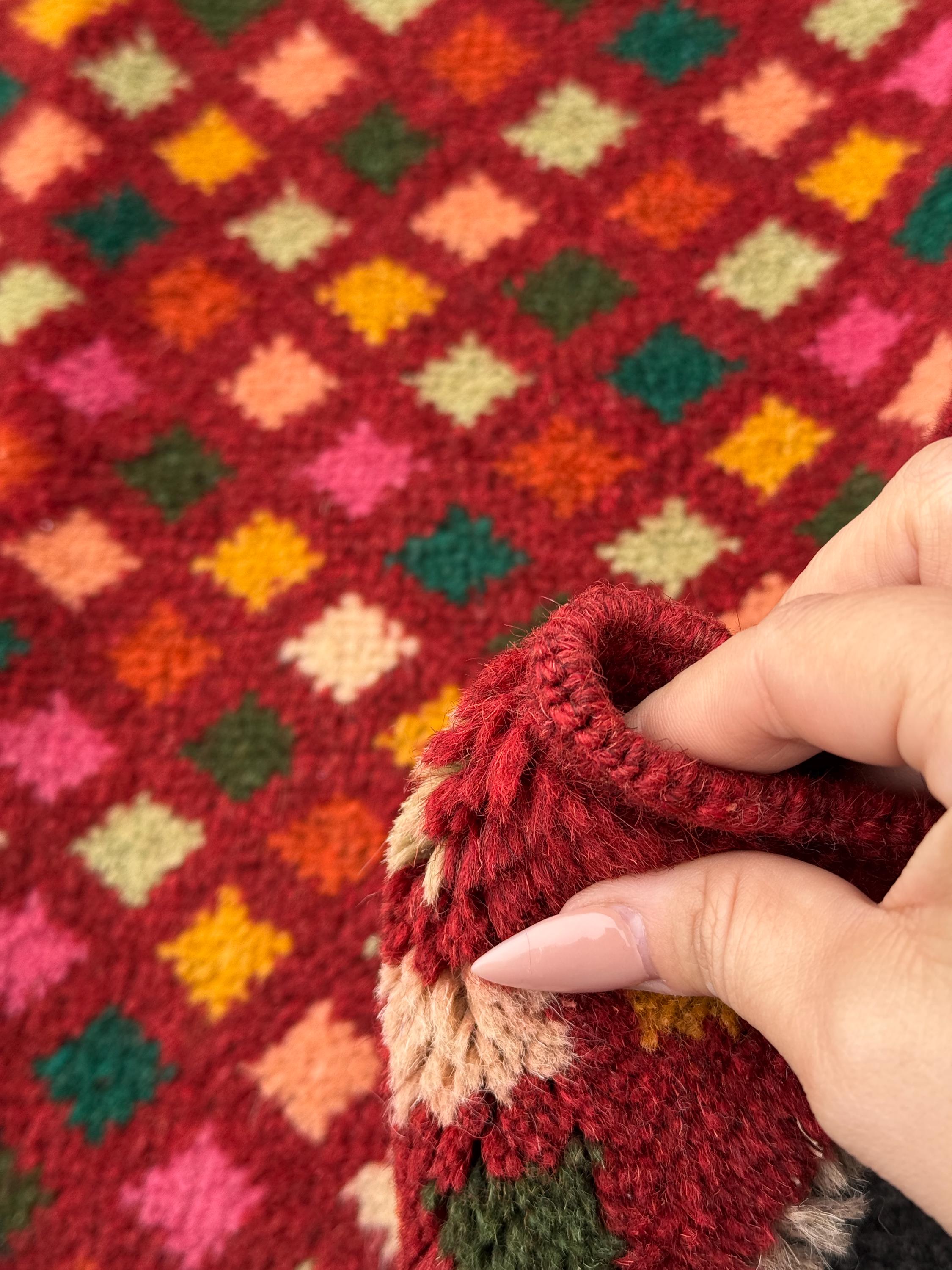 2x3 Handmade Vintage Afghan Baluch Rug | Rust Red Burnt Orange Pine Olive Mint Green Peach Rose Pink Mustard Yellow Cream White | Diamond