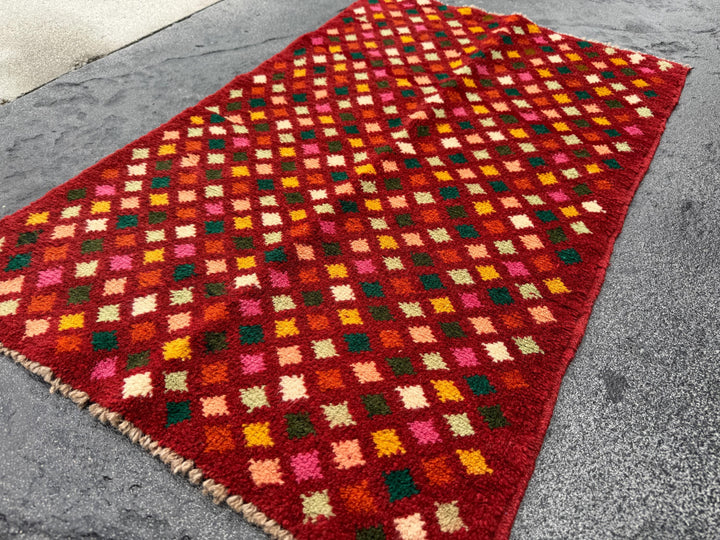 2x3 Handmade Vintage Afghan Baluch Rug | Rust Red Burnt Orange Pine Olive Mint Green Peach Rose Pink Mustard Yellow Cream White | Diamond