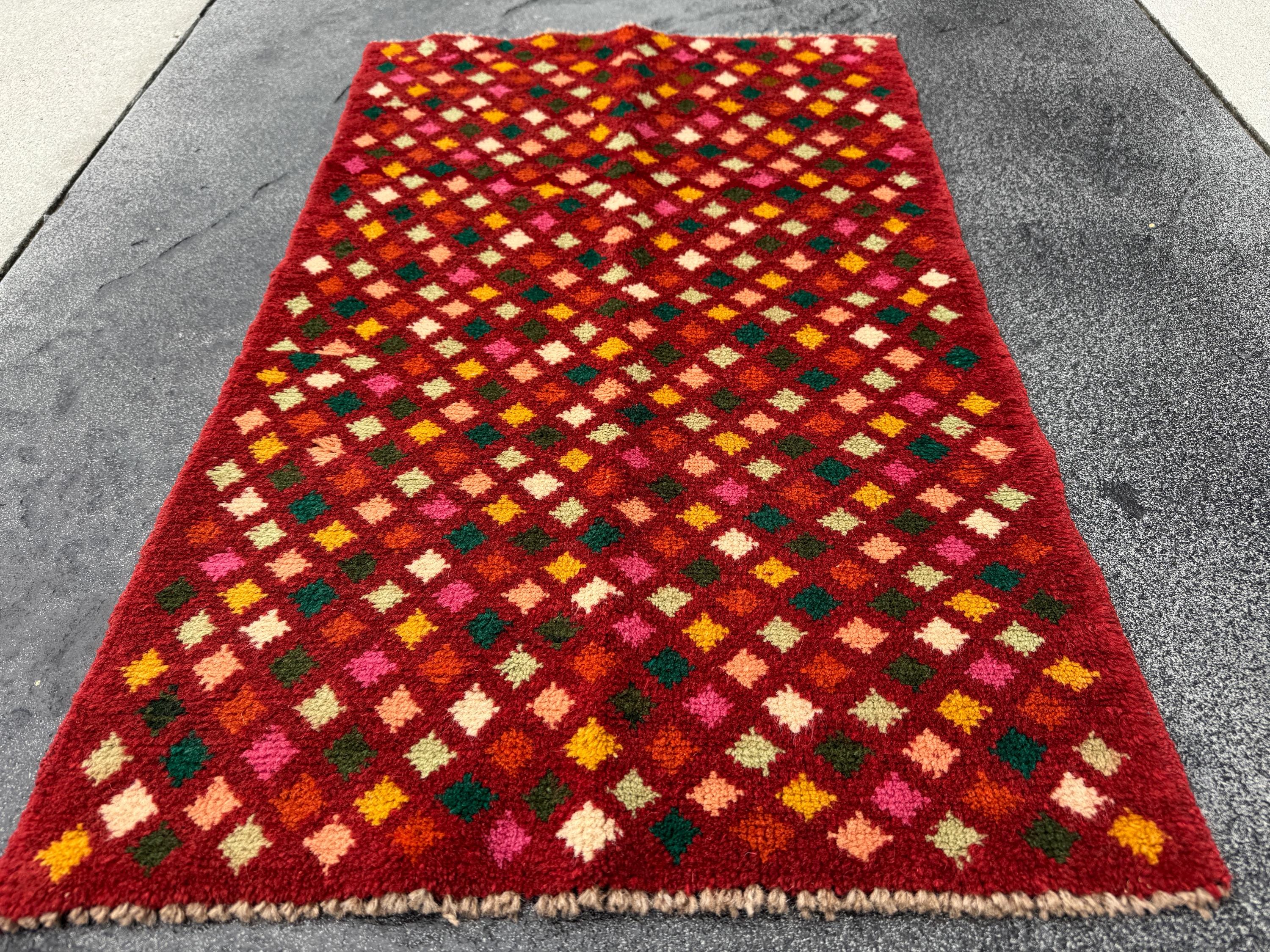 2x3 Handmade Vintage Afghan Baluch Rug | Rust Red Burnt Orange Pine Olive Mint Green Peach Rose Pink Mustard Yellow Cream White | Diamond