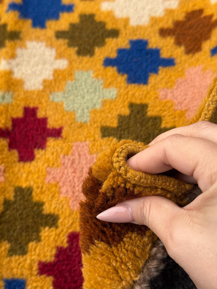 2x3 Handmade Vintage Afghan Baluch Rug | Mustard Yellow Rust Red Forest Mint Olive Green Peach Pink Cream White Navy Blue | Wool Doormat