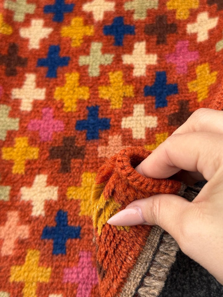 2x3 Handmade Vintage Afghan Baluch Rug | Small Wool Tribal Area Rug | Burnt Orange Mustard Yellow Navy Blue Cream Pink Green