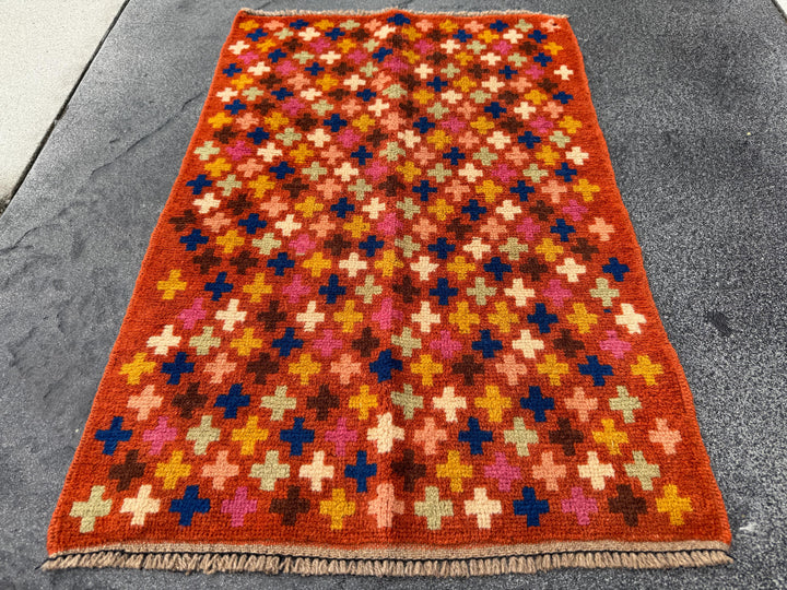 2x3 Handmade Vintage Afghan Baluch Rug | Small Wool Tribal Area Rug | Burnt Orange Mustard Yellow Navy Blue Cream Pink Green