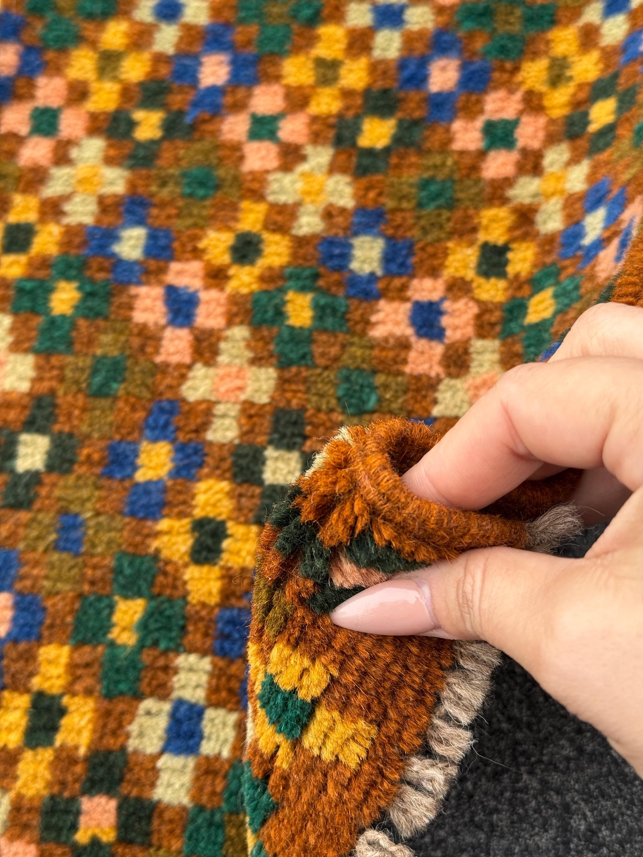 2x3 Handmade Vintage Afghan Baluch Rug | Copper Brown Peach Cream White Forest Mint Olive Pine Green Mustard Yellow Navy Blue | Wool
