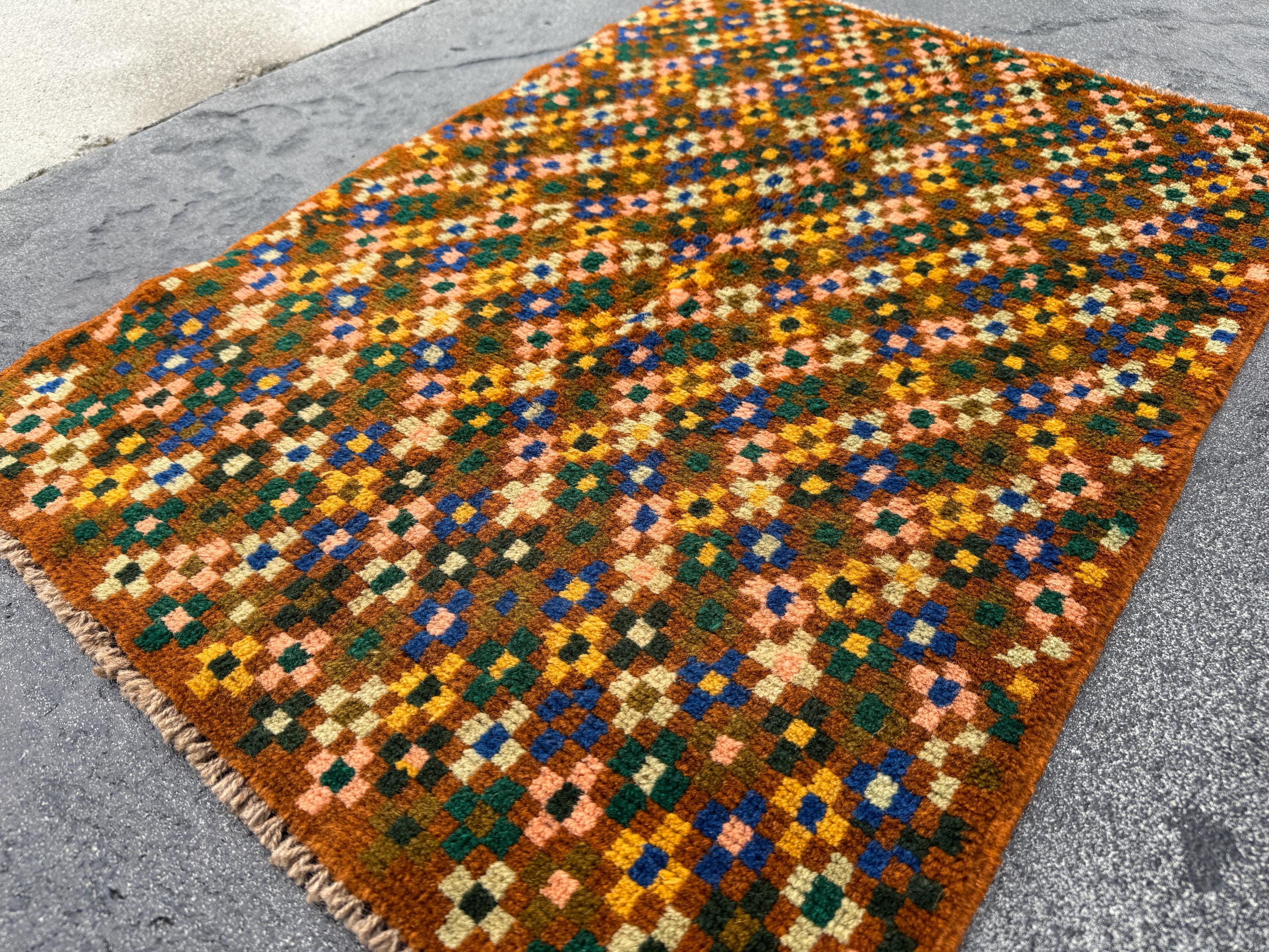 2x3 Handmade Vintage Afghan Baluch Rug | Copper Brown Peach Cream White Forest Mint Olive Pine Green Mustard Yellow Navy Blue | Wool