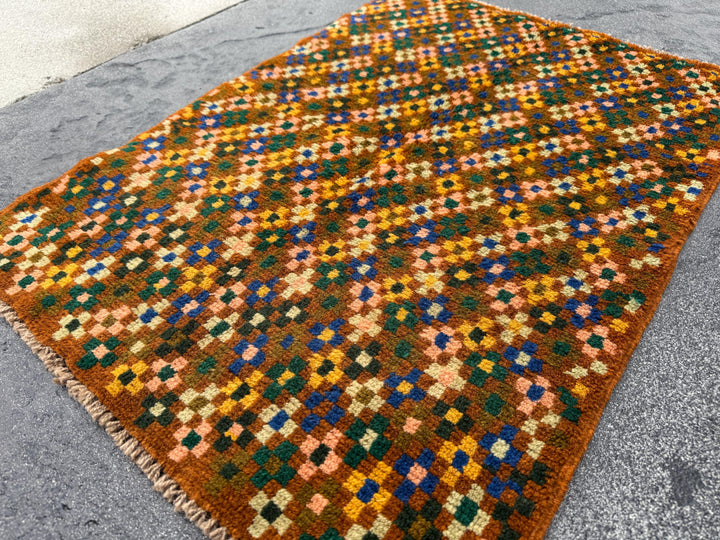 2x3 Handmade Vintage Afghan Baluch Rug | Copper Brown Peach Cream White Forest Mint Olive Pine Green Mustard Yellow Navy Blue | Wool