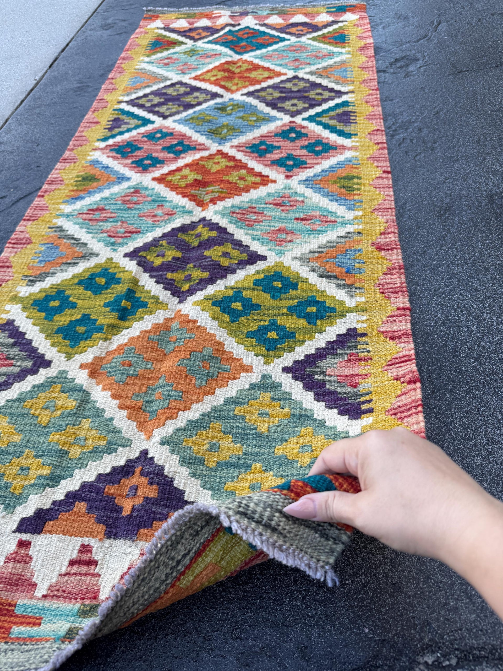 2x5 Handmade Afghan Kilim Runner Rug | Mustard Yellow Burnt Orange Rust Red Cream White Olive Green Teal Aqua Blue Navy Purple Pink | Wool