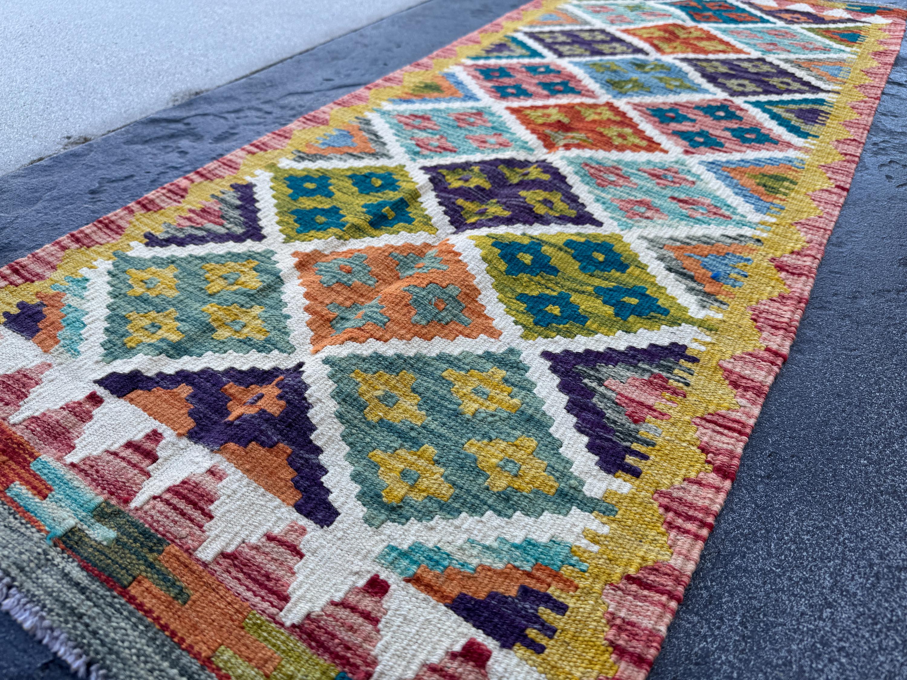 2x5 Handmade Afghan Kilim Runner Rug | Mustard Yellow Burnt Orange Rust Red Cream White Olive Green Teal Aqua Blue Navy Purple Pink | Wool
