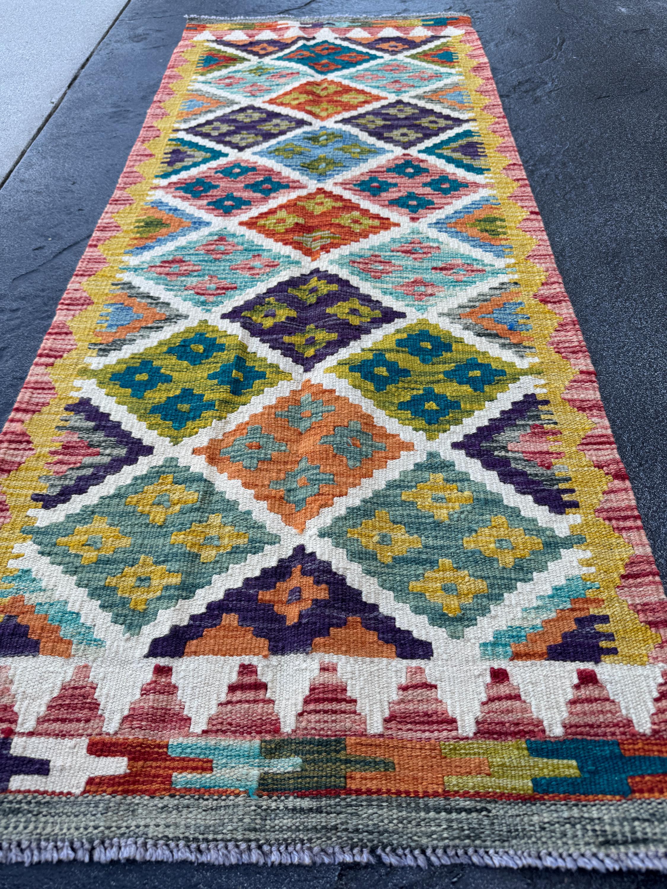 2x5 Handmade Afghan Kilim Runner Rug | Mustard Yellow Burnt Orange Rust Red Cream White Olive Green Teal Aqua Blue Navy Purple Pink | Wool