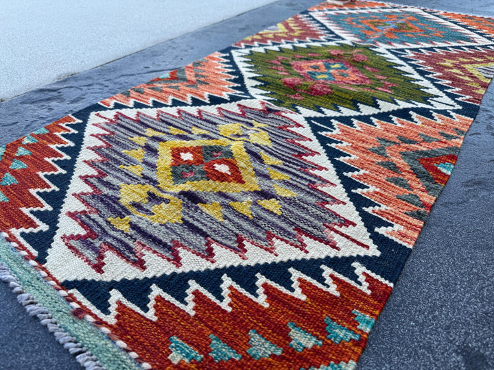 2x5 Handmade Afghan Kilim Runner Rug | Olive Green Burnt Orange Rust Red Mustard Yellow Cream White Navy Teal Aqua Blue Purple Maroon | Wool