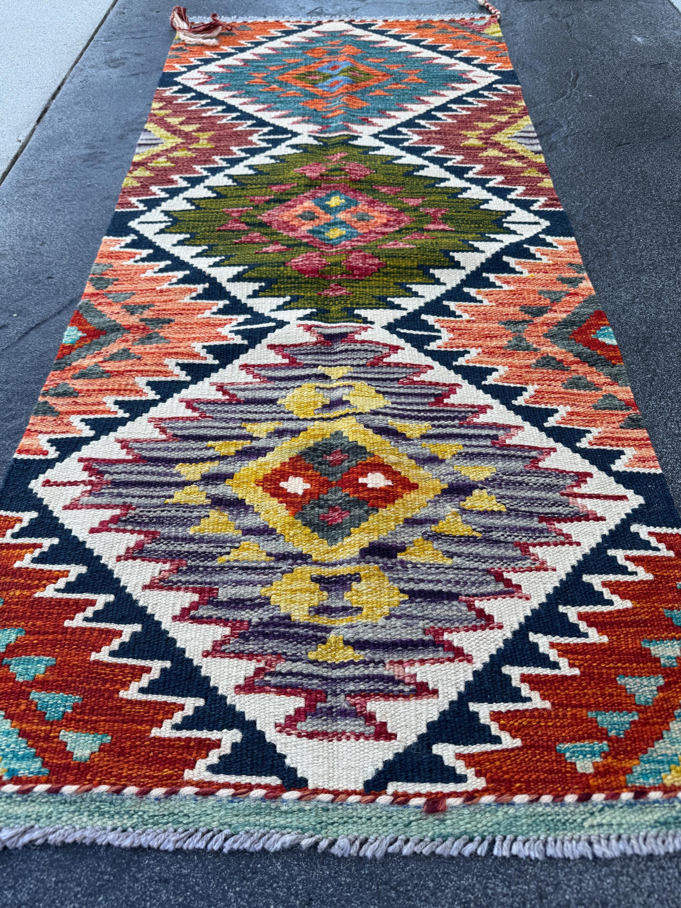 2x5 Handmade Afghan Kilim Runner Rug | Olive Green Burnt Orange Rust Red Mustard Yellow Cream White Navy Teal Aqua Blue Purple Maroon | Wool