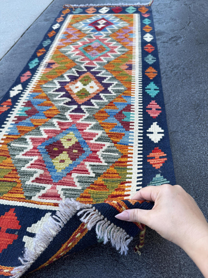 2x5 Handmade Afghan Kilim Runner Rug | Navy Rust Red Burnt Orange Olive Green Teal Aqua Blue Cream White Mustard Yellow Pink Purple | Wool