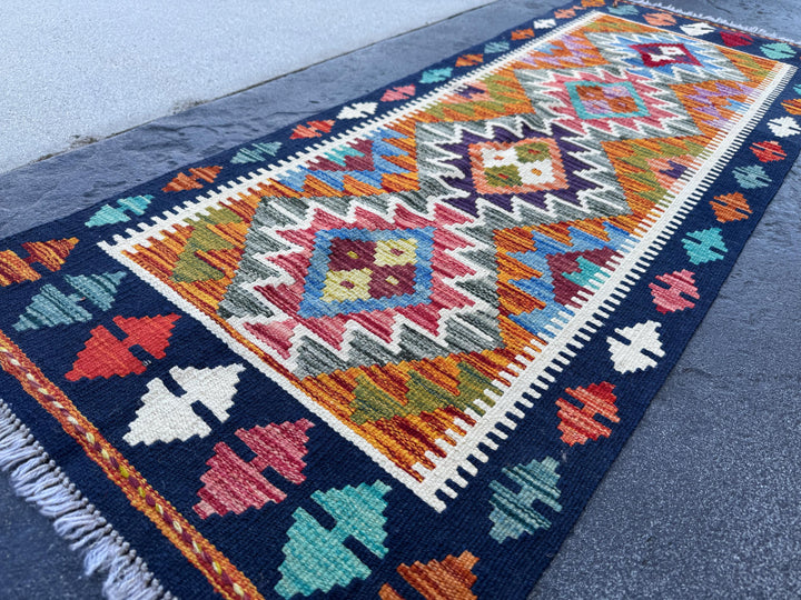 2x5 Handmade Afghan Kilim Runner Rug | Navy Rust Red Burnt Orange Olive Green Teal Aqua Blue Cream White Mustard Yellow Pink Purple | Wool