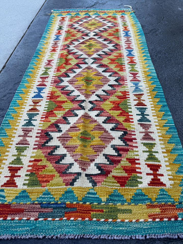 2x5 Handmade Afghan Kilim Runner Rug | Teal Mustard Yellow Rust Red Olive Green Burnt Orange Cream White Aqua Blue Maroon Grey | Wool