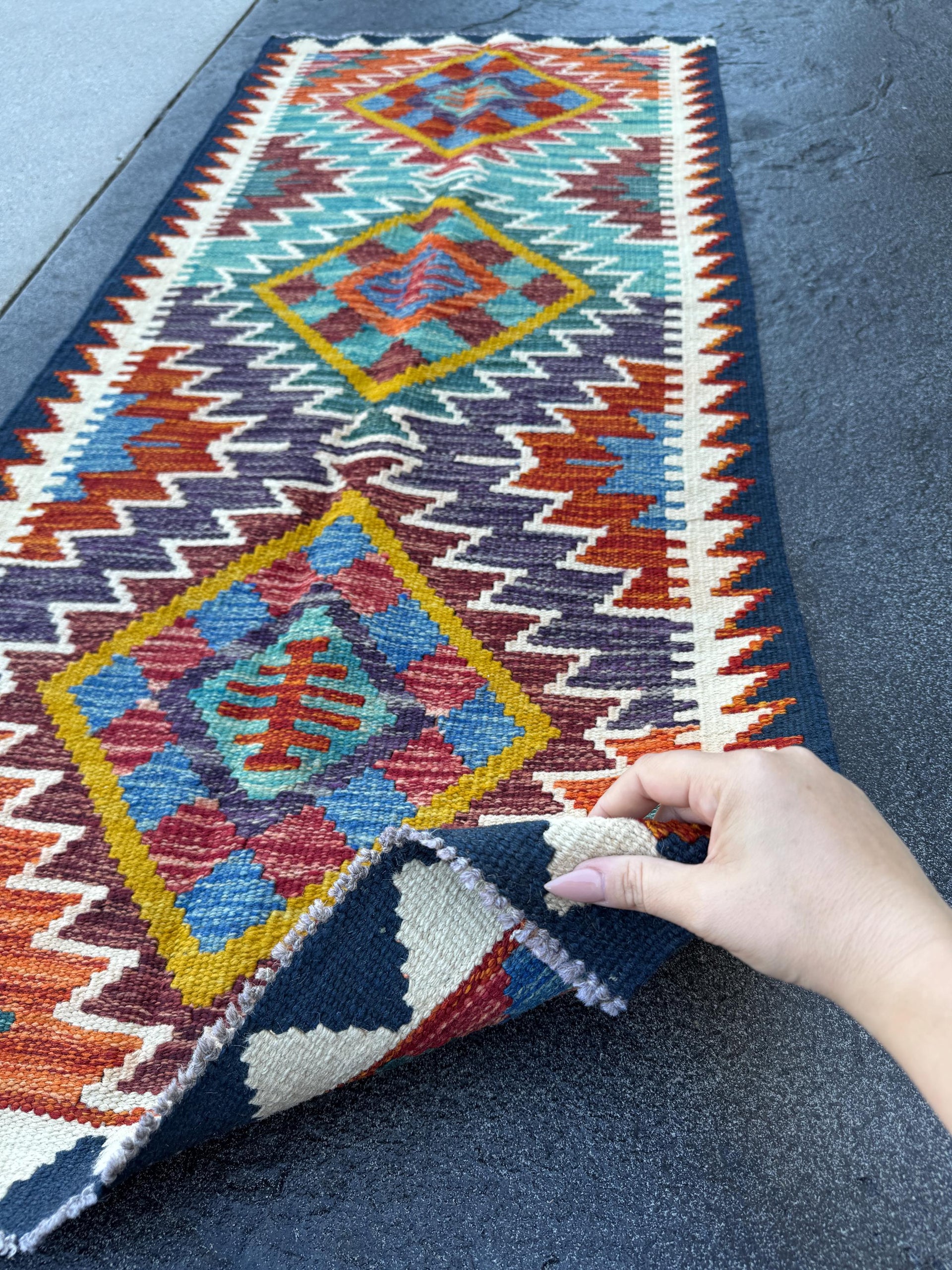 2x5 Handmade Afghan Kilim Runner Rug | Purple Rust Red Burnt Orange Mustard Yellow Teal Aqua Blue Olive Green Cream White Navy Maroon | Wool