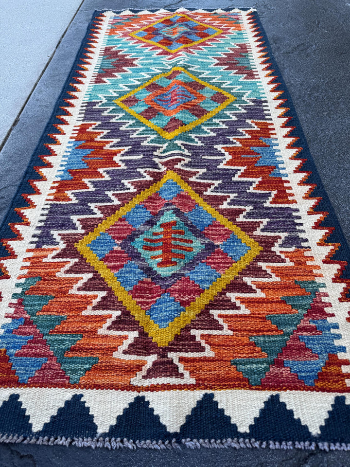 2x5 Handmade Afghan Kilim Runner Rug | Purple Rust Red Burnt Orange Mustard Yellow Teal Aqua Blue Olive Green Cream White Navy Maroon | Wool