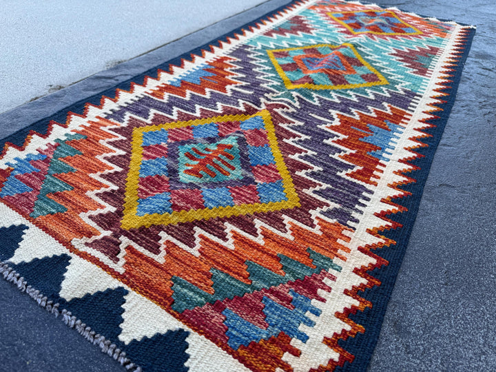 2x5 Handmade Afghan Kilim Runner Rug | Purple Rust Red Burnt Orange Mustard Yellow Teal Aqua Blue Olive Green Cream White Navy Maroon | Wool