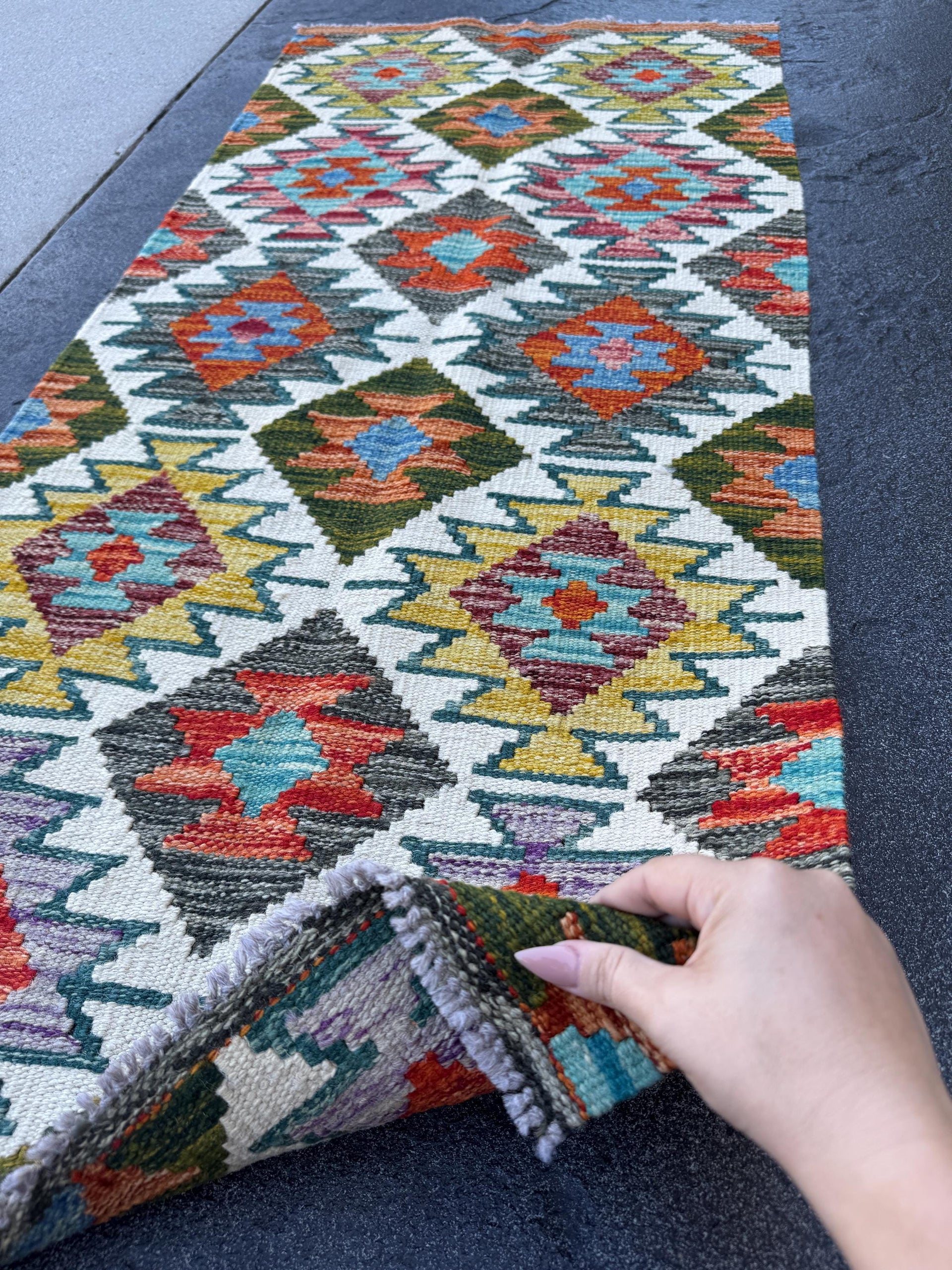 2x5 Handmade Afghan Kilim Runner Rug | Cream White Rust Red Burnt Orange Mustard Yellow Olive Green Teal Aqua Blue Grey Purple Maroon | Wool