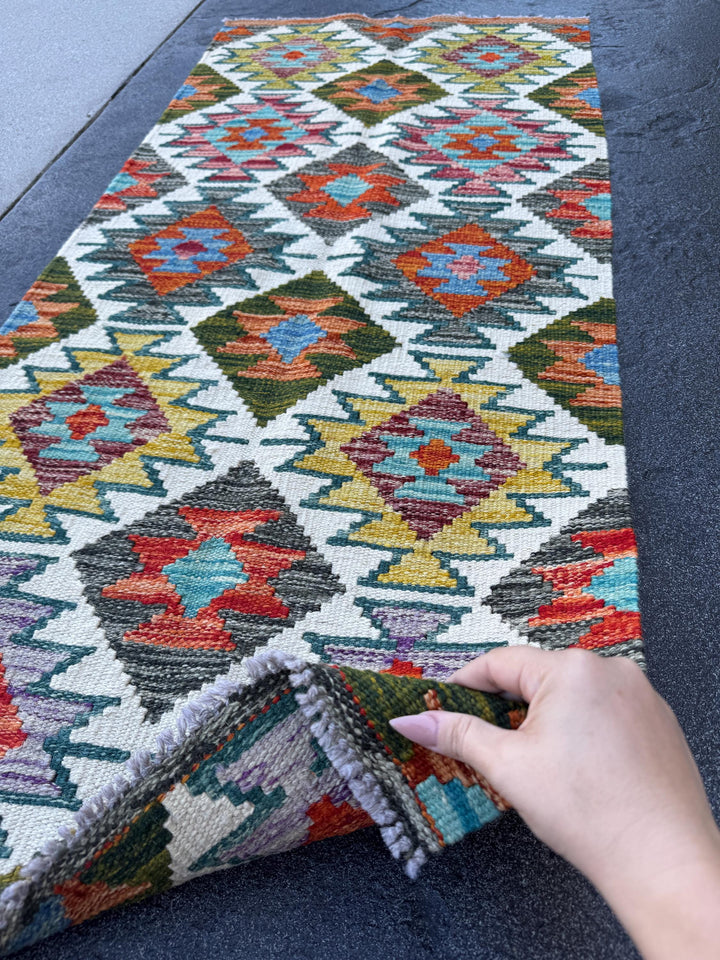 2x5 Handmade Afghan Kilim Runner Rug | Cream White Rust Red Burnt Orange Mustard Yellow Olive Green Teal Aqua Blue Grey Purple Maroon | Wool