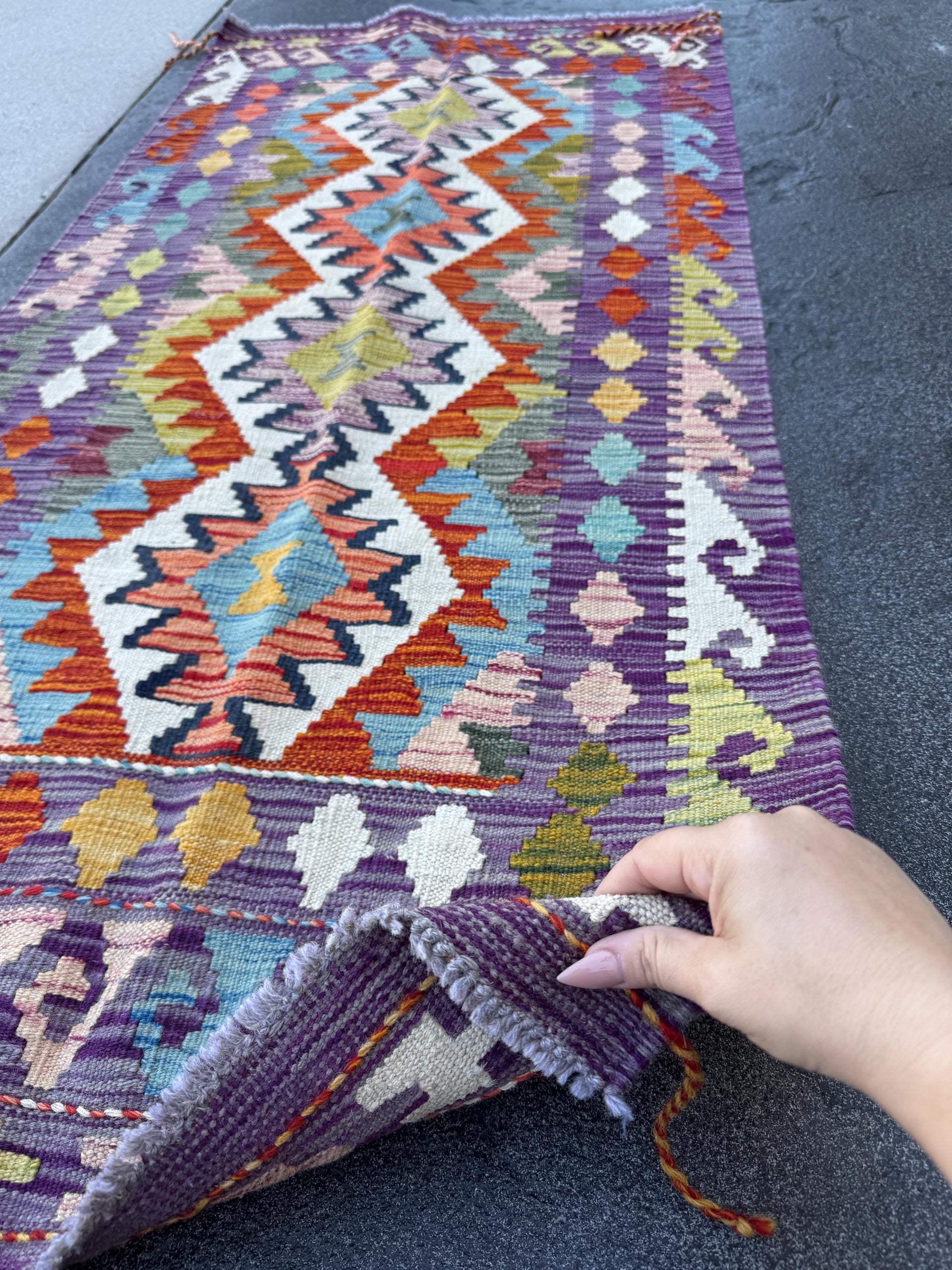 3x5 Handmade Afghan Kilim Rug | Purple Rust Red Burnt Orange Cream White Mustard Yellow Olive Green Teal Aqua Blue Pink Grey | Flatwoven