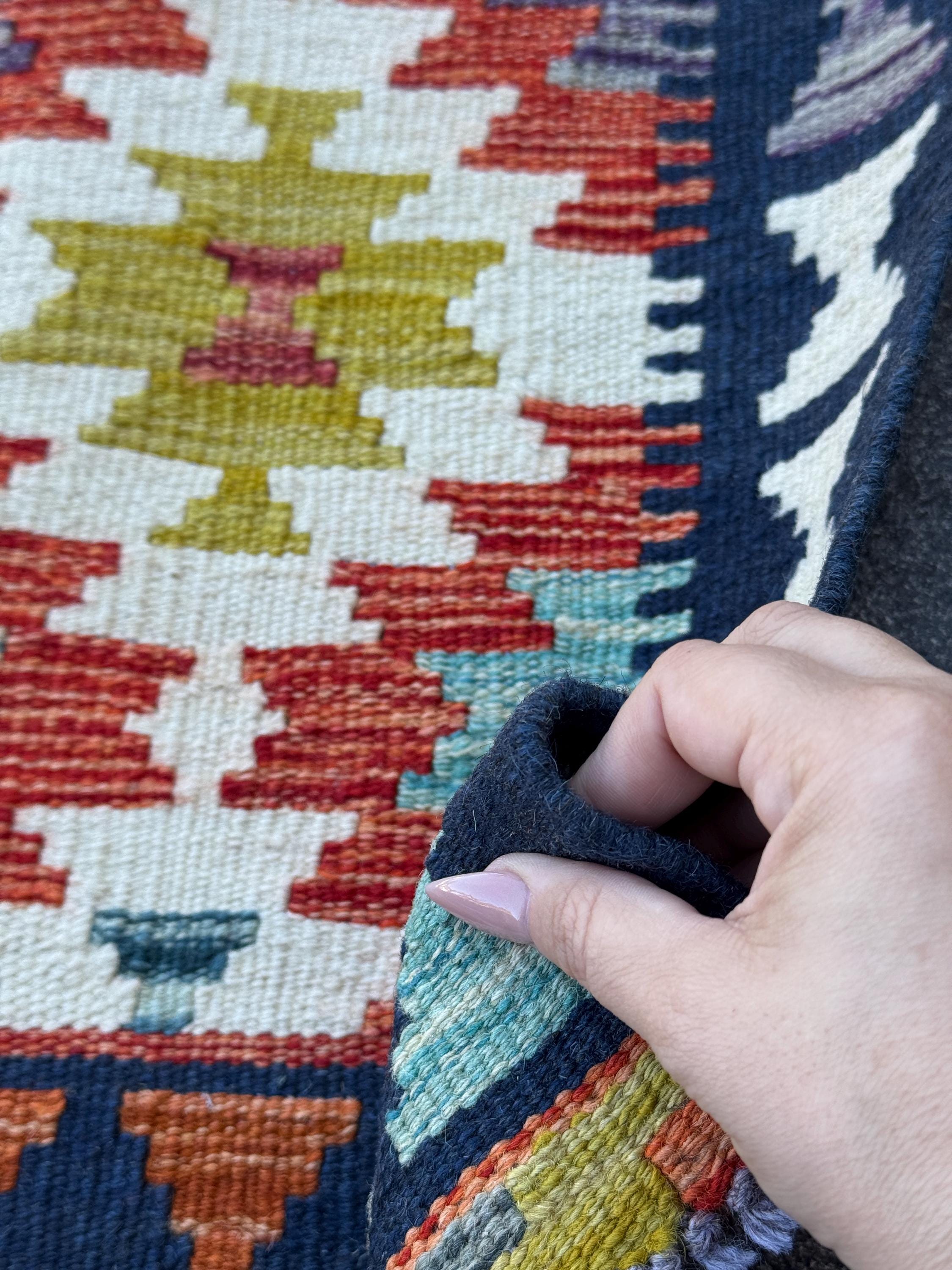 2x5 Handmade Afghan Kilim Runner Rug | Rust Red Burnt Orange Mustard Yellow Cream White Teal Aqua Blue Olive Green Navy Purple Grey | Wool