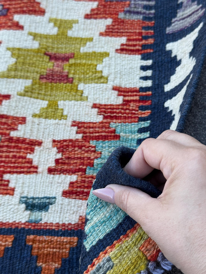 2x5 Handmade Afghan Kilim Runner Rug | Rust Red Burnt Orange Mustard Yellow Cream White Teal Aqua Blue Olive Green Navy Purple Grey | Wool