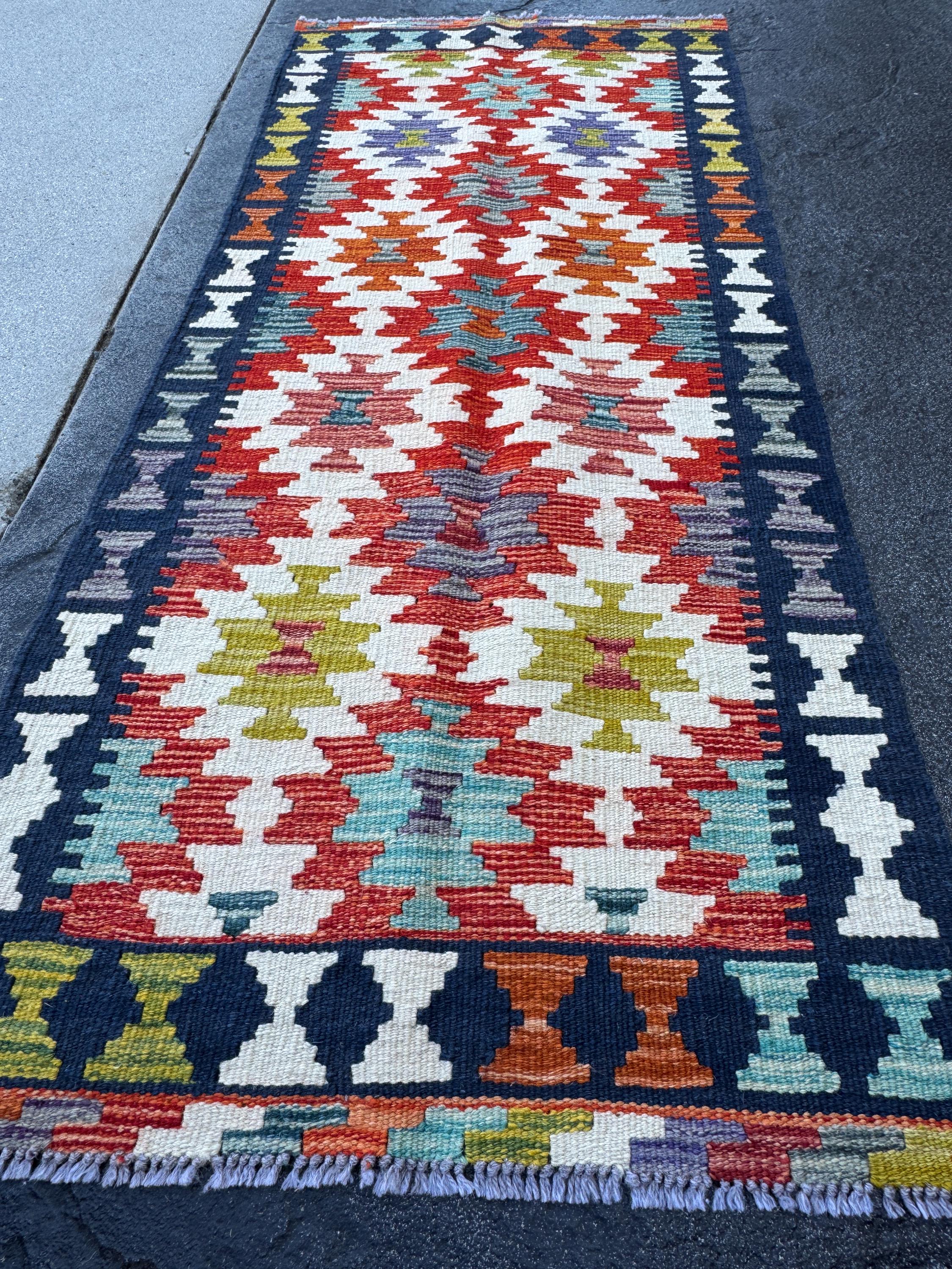 2x5 Handmade Afghan Kilim Runner Rug | Rust Red Burnt Orange Mustard Yellow Cream White Teal Aqua Blue Olive Green Navy Purple Grey | Wool