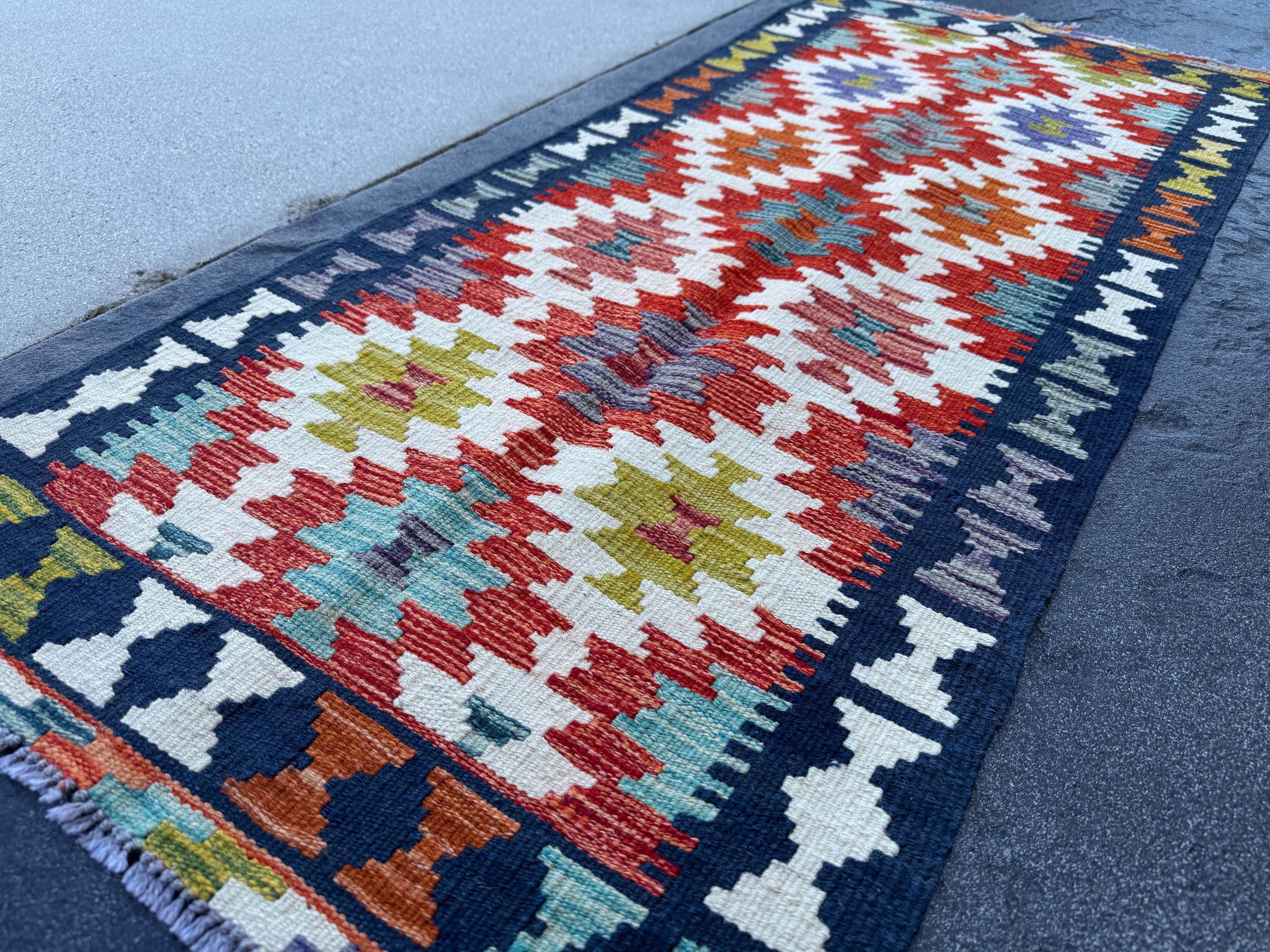 2x5 Handmade Afghan Kilim Runner Rug | Rust Red Burnt Orange Mustard Yellow Cream White Teal Aqua Blue Olive Green Navy Purple Grey | Wool