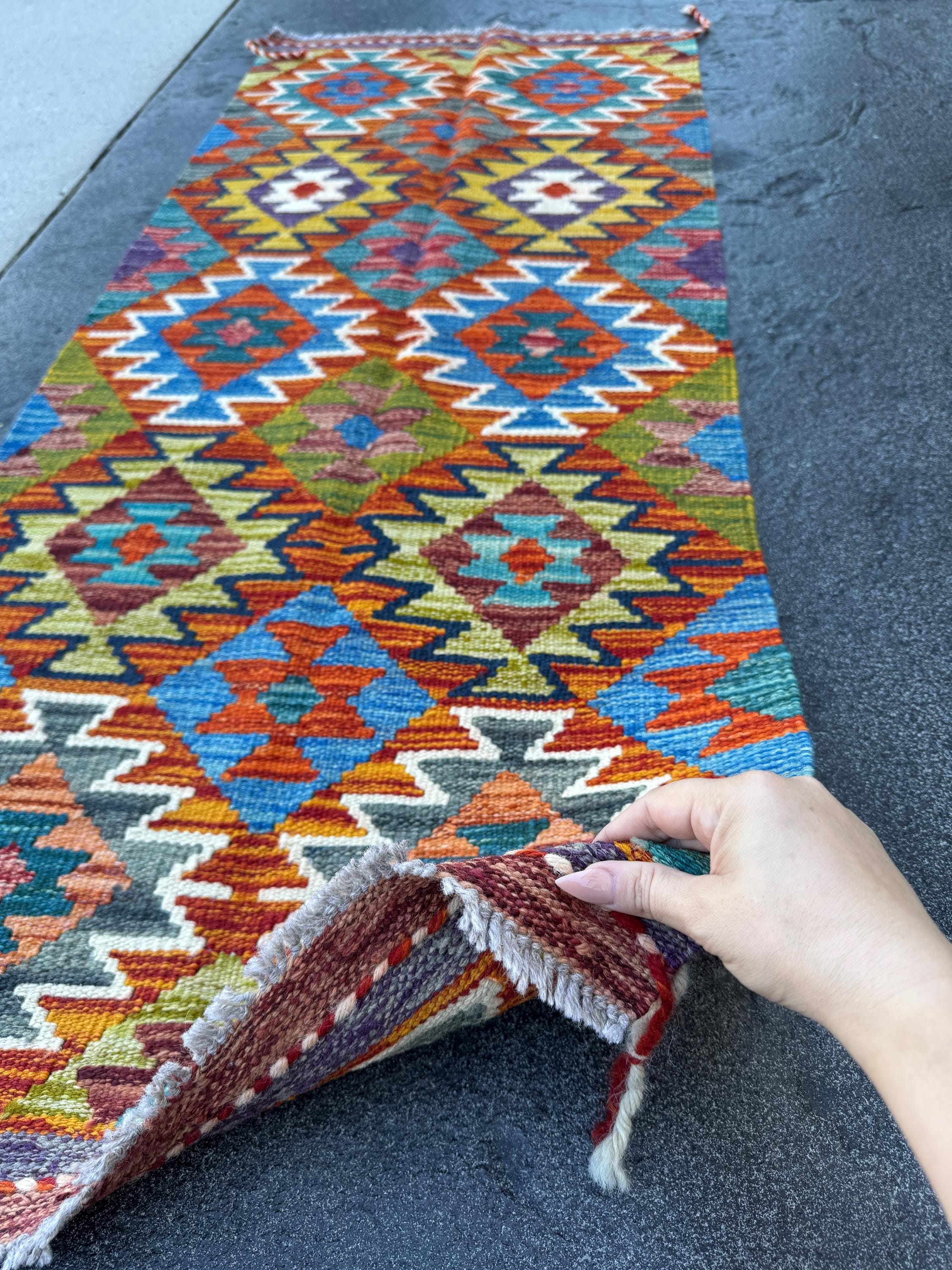 2x5 Handmade Afghan Kilim Runner Rug | Burnt Orange Rust Red Mustard Yellow Olive Green Teal Aqua Blue Cream White Navy Maroon Grey | Wool