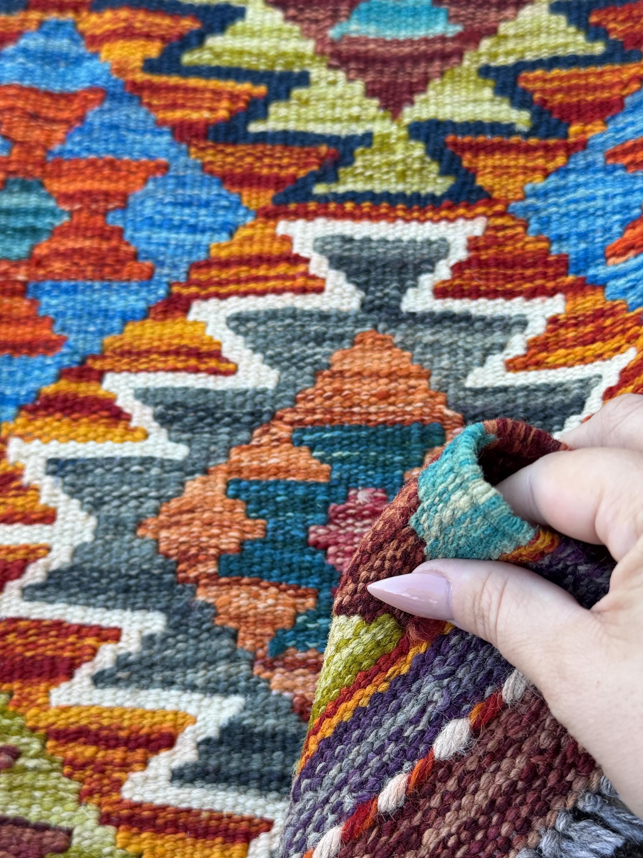 2x5 Handmade Afghan Kilim Runner Rug | Burnt Orange Rust Red Mustard Yellow Olive Green Teal Aqua Blue Cream White Navy Maroon Grey | Wool