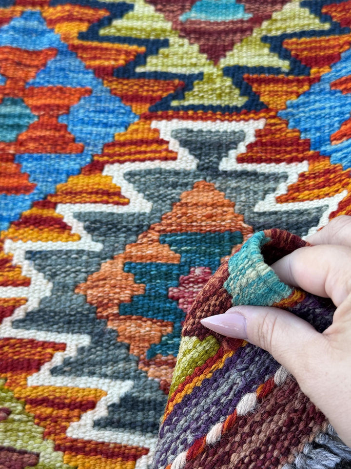 2x5 Handmade Afghan Kilim Runner Rug | Burnt Orange Rust Red Mustard Yellow Olive Green Teal Aqua Blue Cream White Navy Maroon Grey | Wool