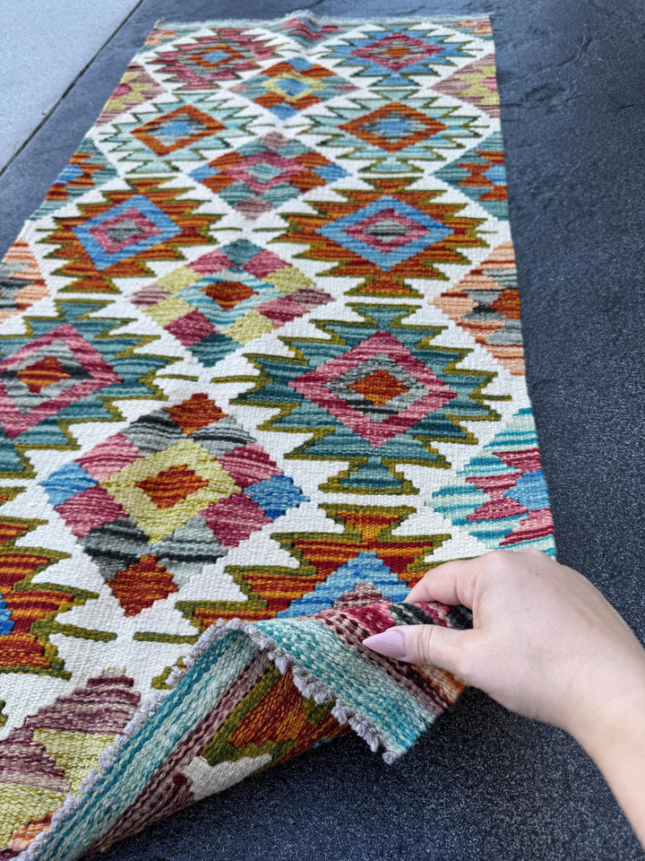 2x5 Handmade Afghan Kilim Runner Rug | Cream White Rust Red Burnt Orange Mustard Yellow Olive Green Teal Aqua Blue Pink Maroon Grey | Wool