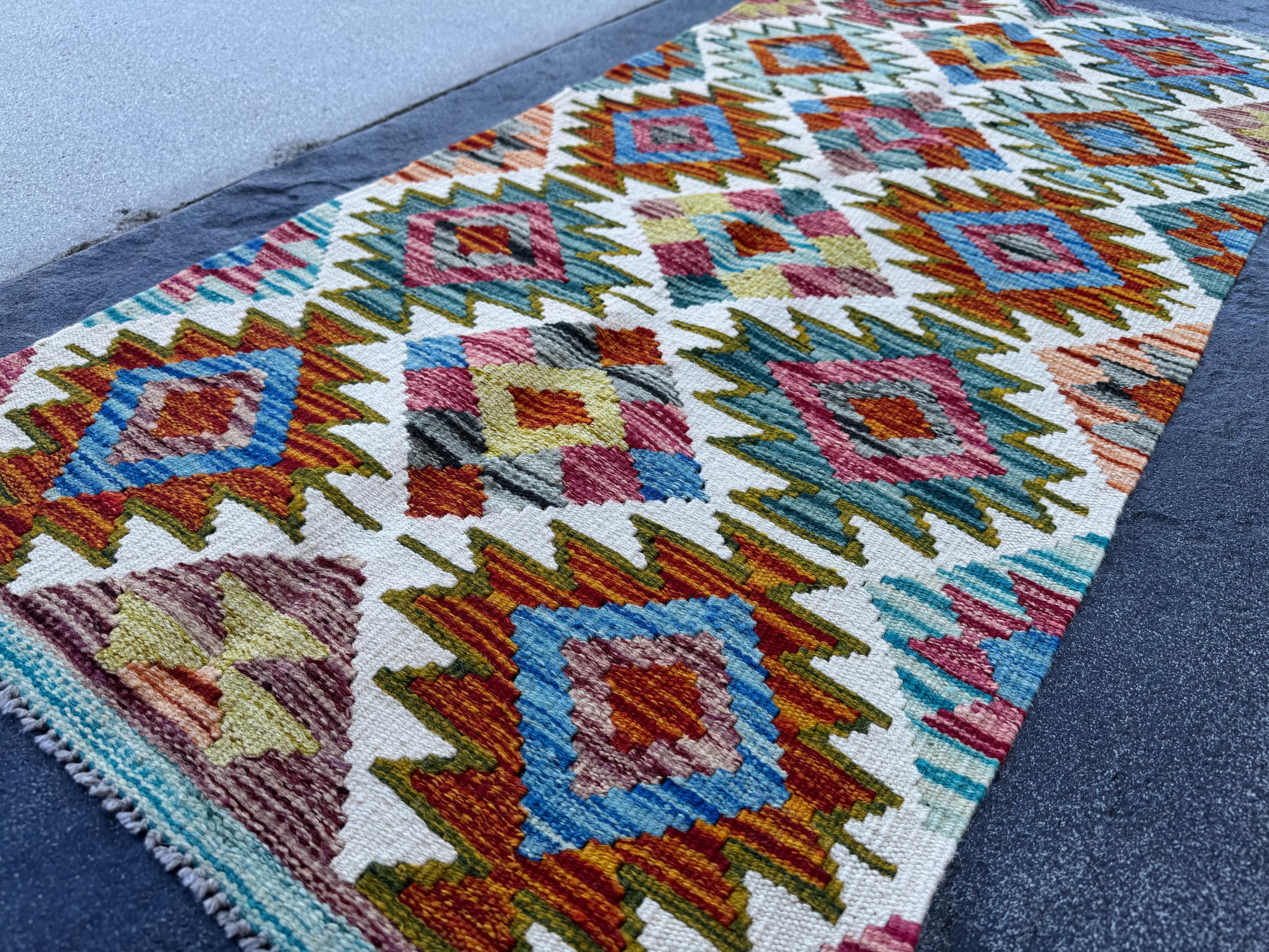 2x5 Handmade Afghan Kilim Runner Rug | Cream White Rust Red Burnt Orange Mustard Yellow Olive Green Teal Aqua Blue Pink Maroon Grey | Wool