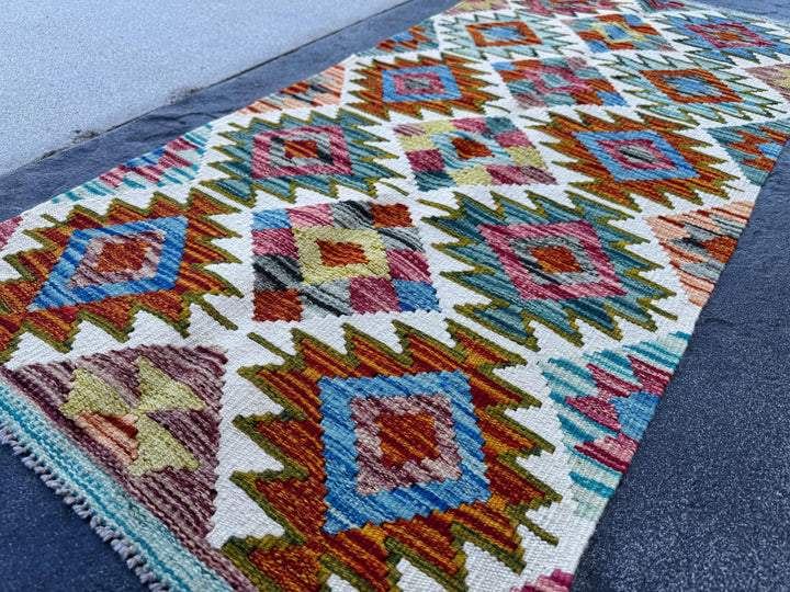 2x5 Handmade Afghan Kilim Runner Rug | Cream White Rust Red Burnt Orange Mustard Yellow Olive Green Teal Aqua Blue Pink Maroon Grey | Wool